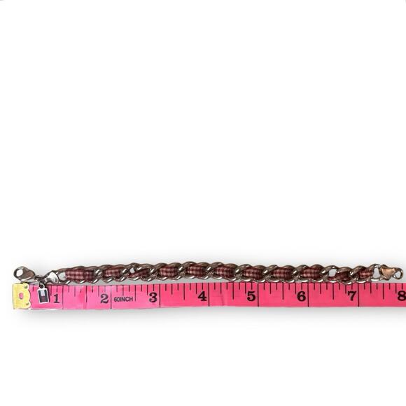 Tommy Hilfiger Red White Gingham Check Ribbon Chainlink Bracelet Logo Charm - Picture 7 of 8